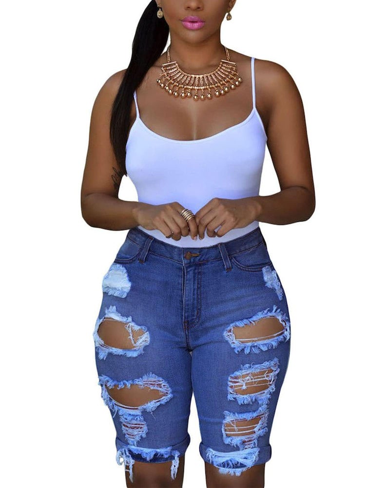 roswear Women's Ripped Denim Mid Rise Stretchy Bermuda Shorts Jeans Denim Large - Image 1